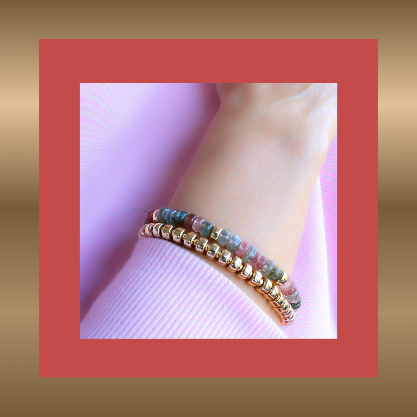 Féline Armband- met labradoriet en aardbeienkwarts