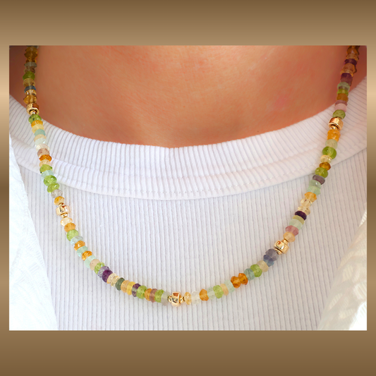 Féline - collier fluoriet, citrien, peridot en goldfilled elementen