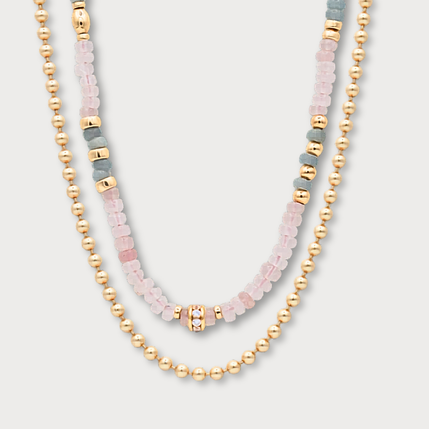 Aimée - Collier met aquamarijn, rozenkwarts en goldfilled elementen