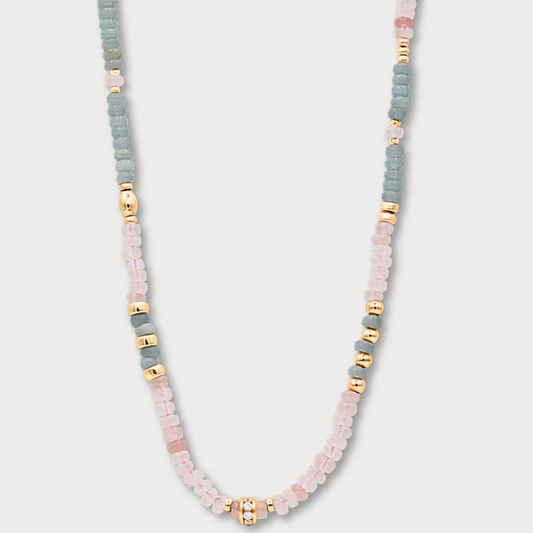 Aimée - Collier met aquamarijn, rozenkwarts en goldfilled elementen