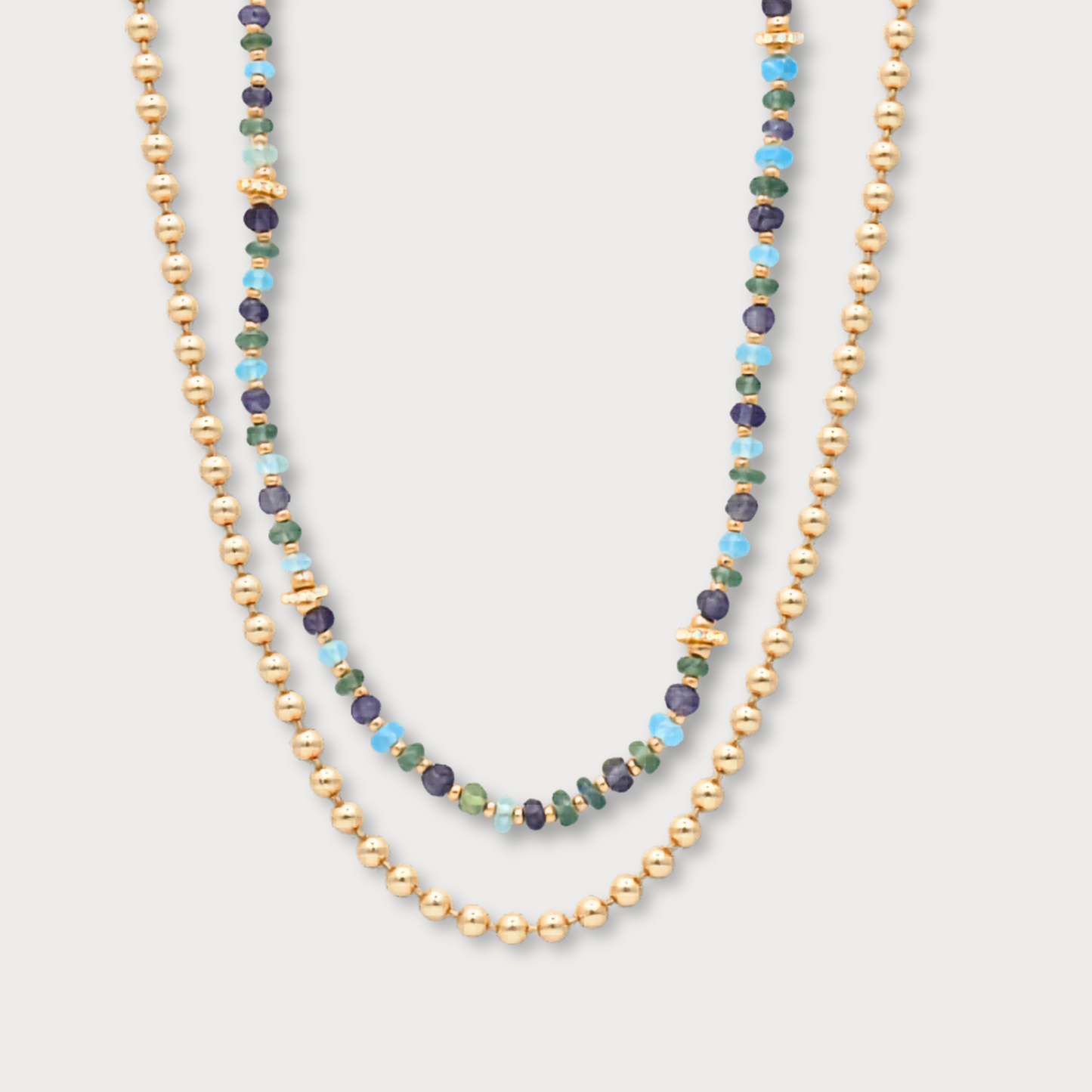 Exclusives - Apatiet, preniet en ioliet collier met zirkonia wieltjes en goldfilled elementen
